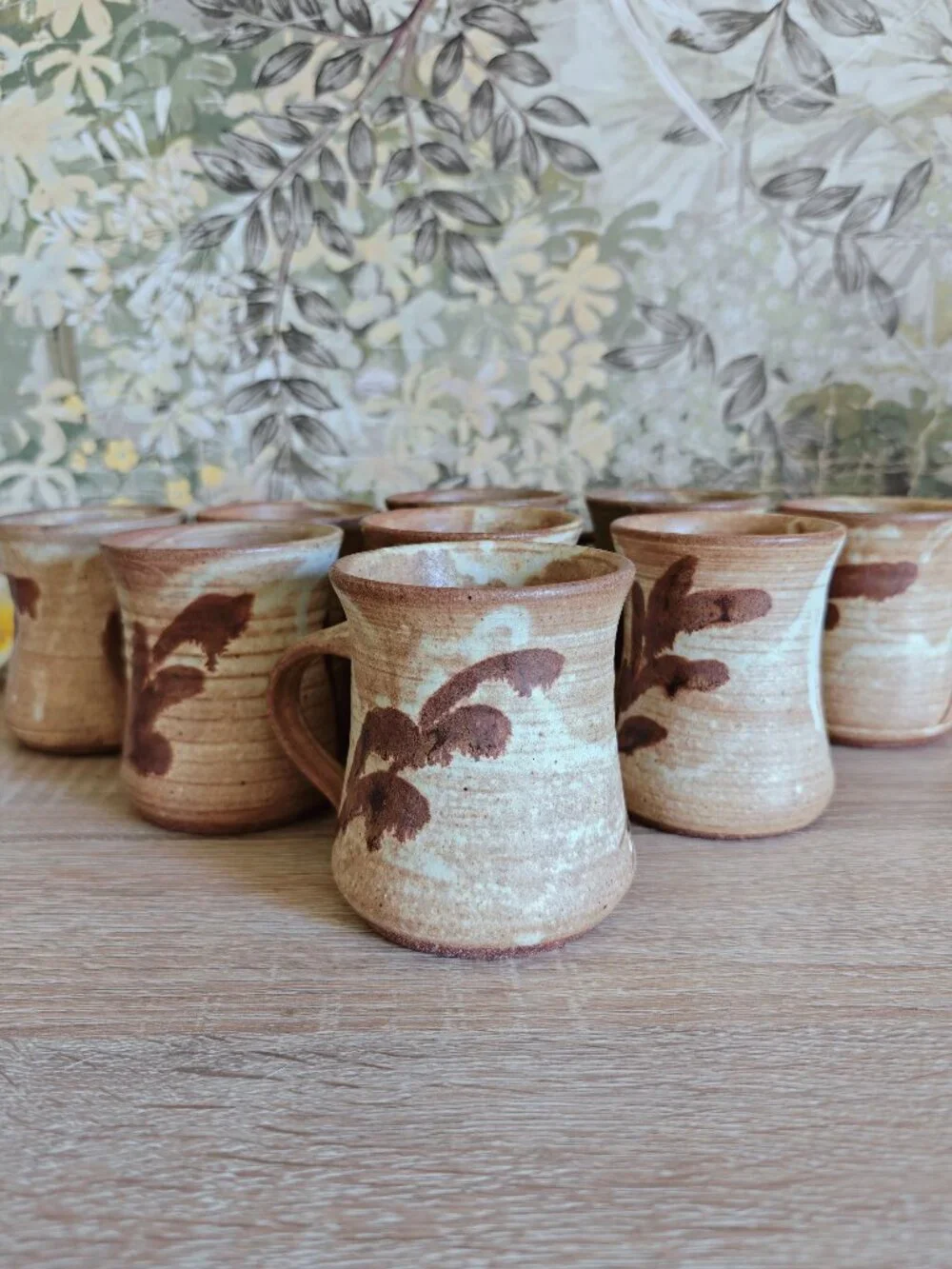 Set of 9 Vintage Signed MW Studio Pottery Botanical Stoneware Mugs